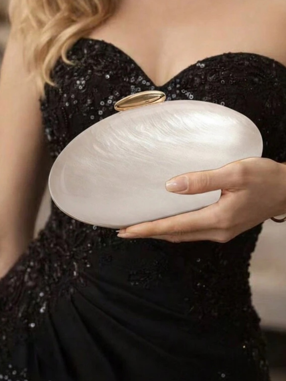 Pearlescent Oval Clutch Bag with Gold Accent